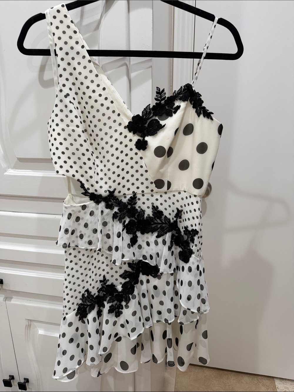 BCBGMaxAzria Black and White Polka Dot Asymmetrical Ruffle Dress